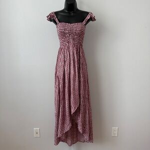 Tiare Hawaii Maxi Dress Smocked Tiered Ruffle Sleeve Burgundy sz One Size NWOT